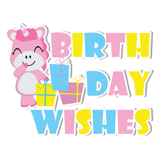 Cute baby unicorn with gift boxes vector cartoon, Birthday postcard, wallpaper, and greeting card, T-shirt design for kids