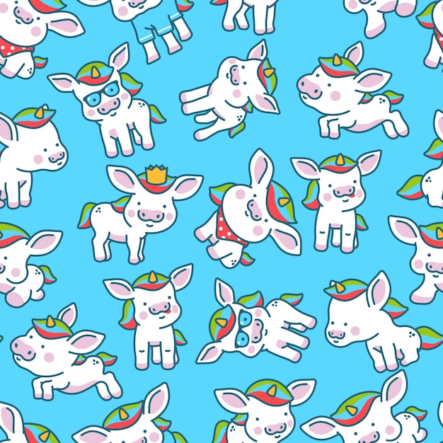 Cute baby unicorns vector cartoon seamless pattern background
