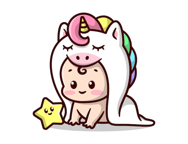 Vector cute baby in white unicorn costume with a little star cartoon illustration