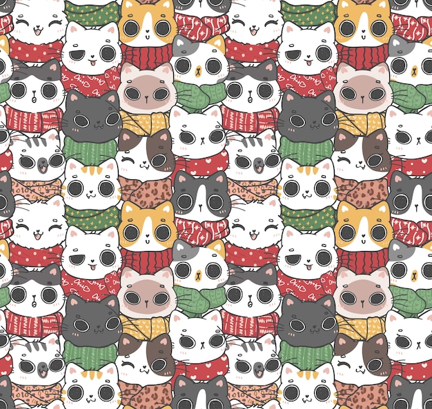 Cute background pattern seamless doodle winter scarf kitten cat doodle cartoon clip art collection illustration vector animal hand drawing