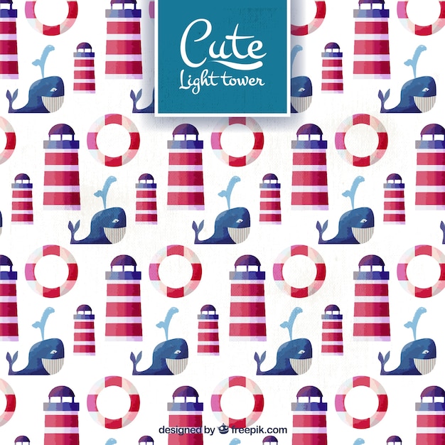 cute background with whales and lighthouses