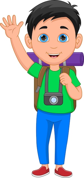 cute backpacker boy waving on white background