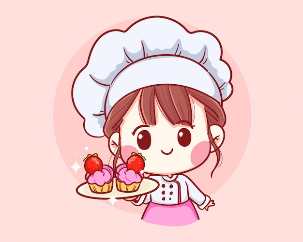 Cute Bakery chef boy Holding  strawberry cake smiling cartoon art illustration logo.