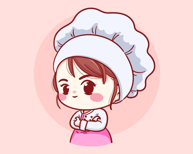 Cute bakery chef girl arms crossed smiling cartoon art illustration logo.