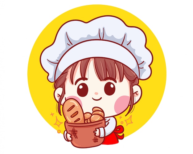 Cute Bakery chef girl Carrying bread smiling cartoon art illustration.