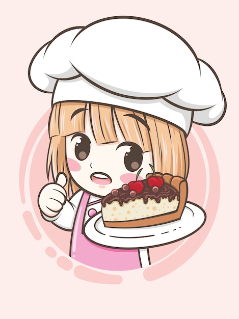 チョコレートパイケーキ-漫画のキャラクターとロゴのイラストを保持しているかわいいベーカリーシェフの女の子