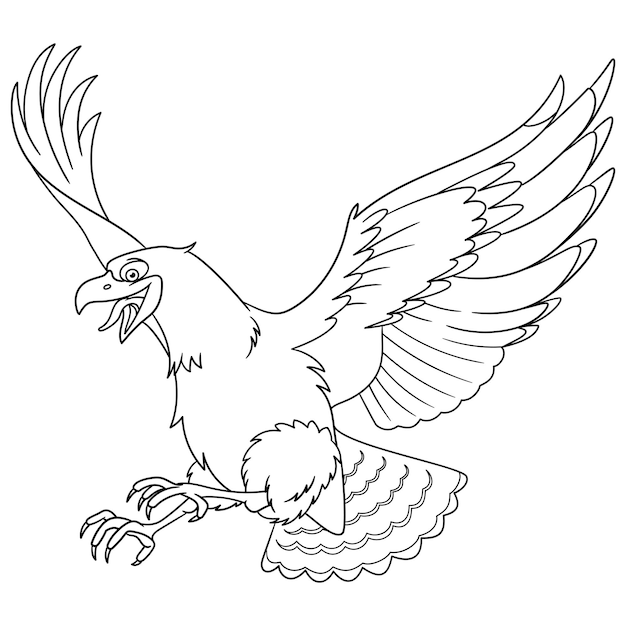 Cute bald eagle flying. Cartoon coloring book page for kids.