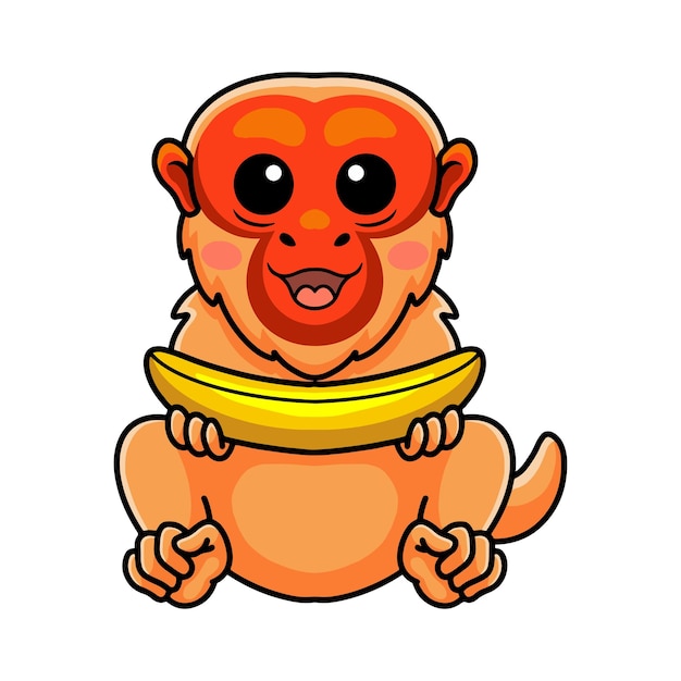 Vector cute bald uakari monkey cartoon holding a banana