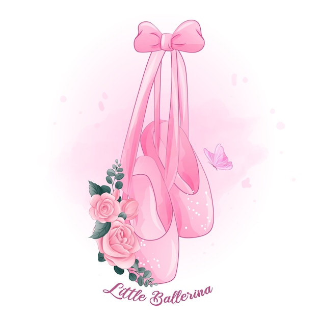 バラのイラストとかわいいバレリーナの靴