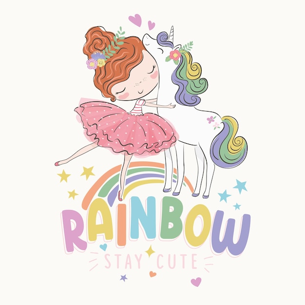 Cute ballerina with sweet unicorn vector illustration kids fashion artworks