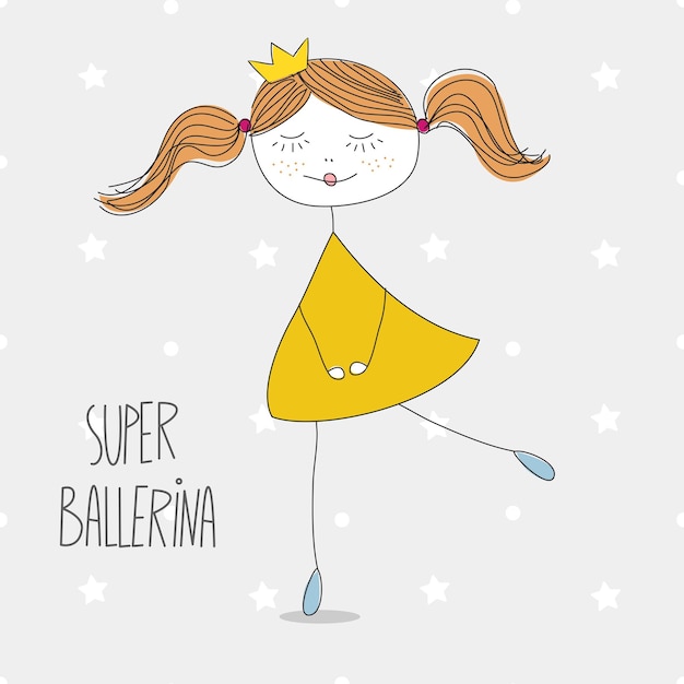 Vector cute ballerina in yellow dress on grey background with white stars points