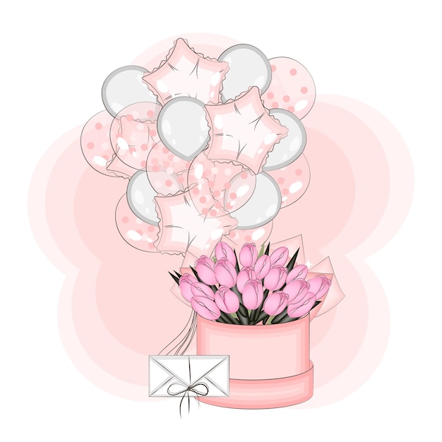 Simpatici palloncini con fiori di tulipano e un'illustrazione vettoriale di moda lettera