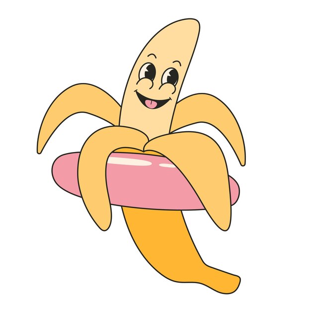 Vector cute banana character sticker in y2k groovy style comic mascot character