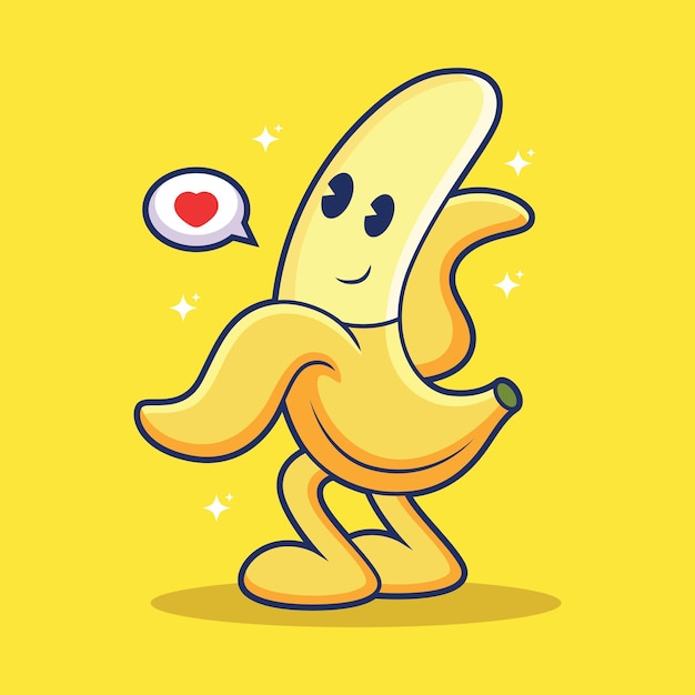 Banana carina con cartone animato in posa divertente illustrazione dell'icona della frutta isolata su vettore premium