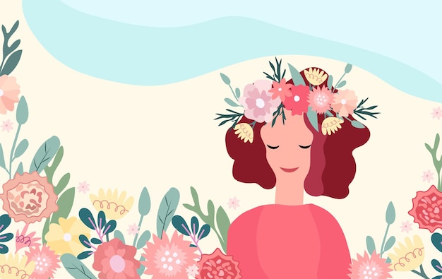 Cute banner with a woman with a flower wreath on her head Spring flowering Ideal for greeting card