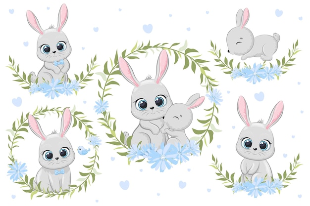 Cute banny with flowers and a wreath. Cartoon vector illustration. A set of drawings.