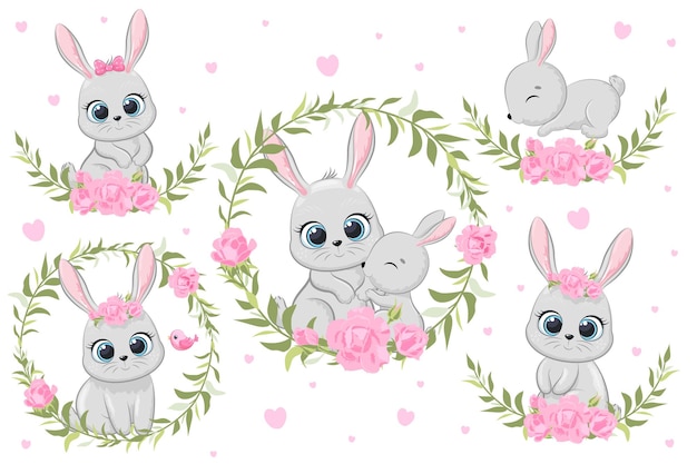 Cute banny with flowers and a wreath. Cartoon vector illustration. A set of drawings.