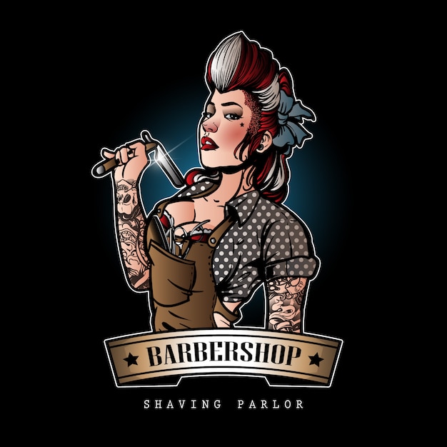 Vector cute barber girl logo