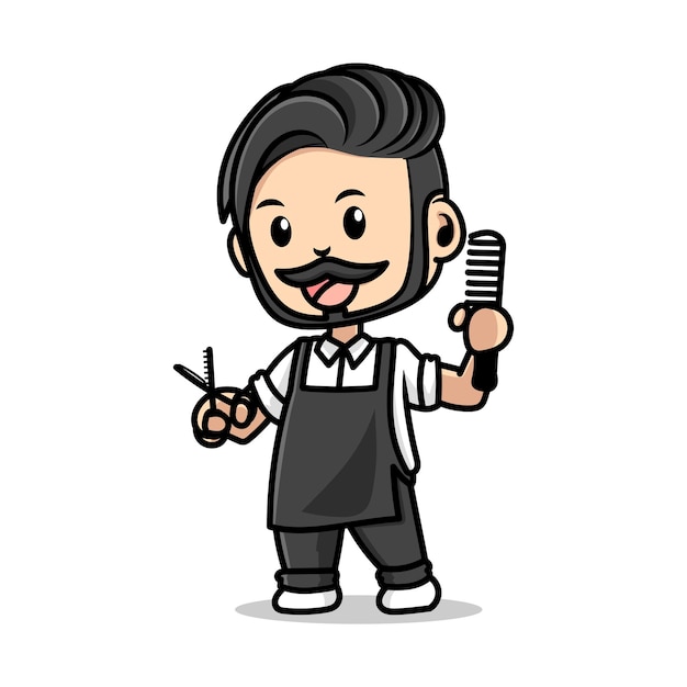 Vector cute barber vector cartoon happy hipster barber man professional barber ready to do a trendy haircut isolated illustration