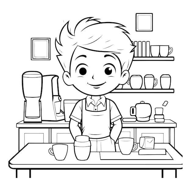 Cute barista boy cartoon in coffee shop vector illustration graphic design