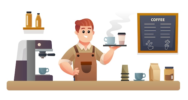 Вектор Симпатичная бариста, несущая кофе с подносом на прилавке в кафе