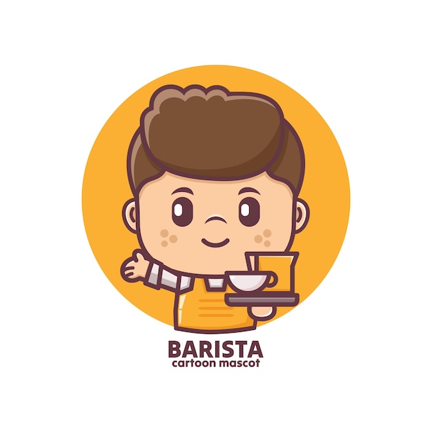 cute barista man cartoon vector illustration in outline style with icon mascot concept