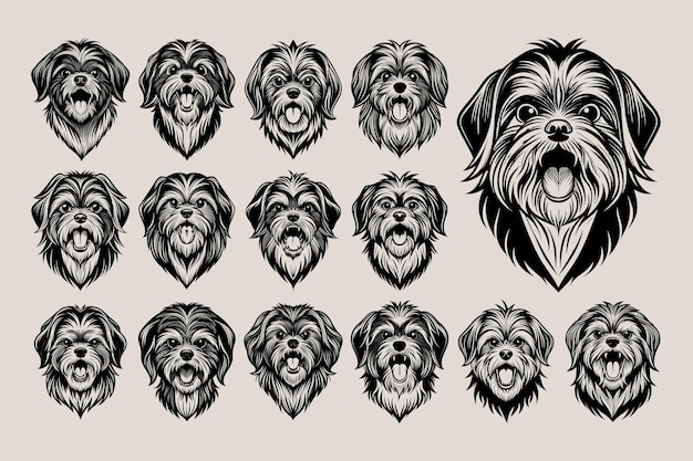 Vettore set di illustrazioni per la testa di un cane shih tzu che abbaia