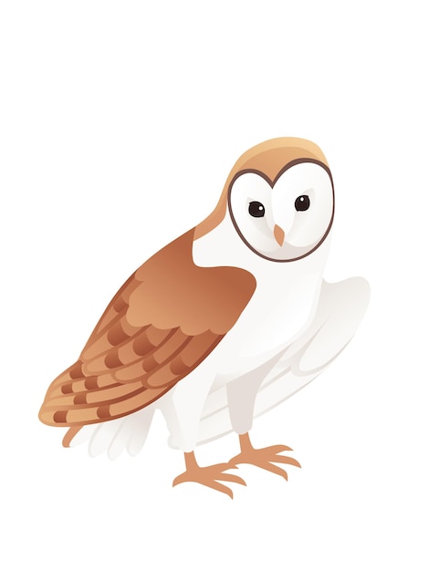 Cute barn owl tyto alba with white face and brown wings cartoon wild forest bird animal design flat vector illustration isolated on white background