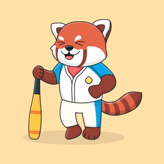 Cute baseball red panda holding stick