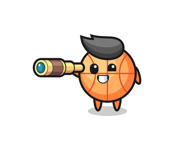 Vector cute basketball character is holding an old telescope , cute style design for t shirt, sticker, logo element