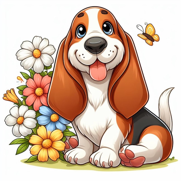 Cute Basset Hound Dog and Flowers Vector Cartoon illustration