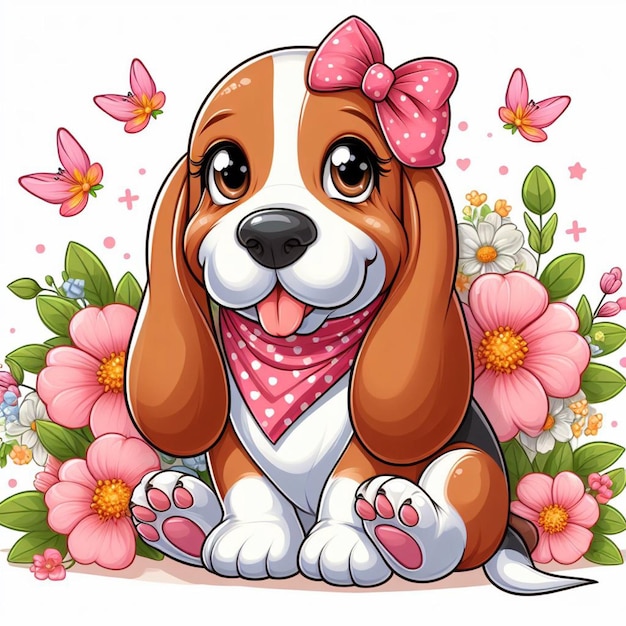 Cute Basset Hound Dog and Flowers Vector Cartoon illustration