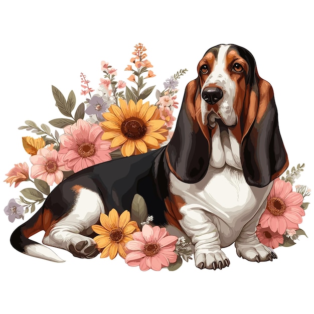 Vettore cute basset hound dog amp fiori vector style sottofondo bianco