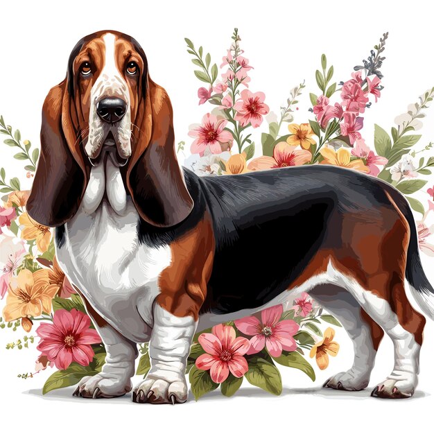 Vettore cute basset hound dog amp fiori vector style sottofondo bianco