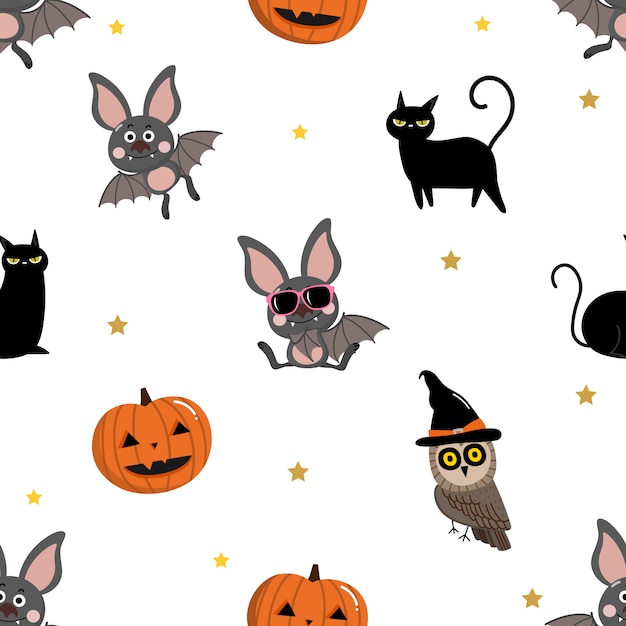 Cute bat, black cat, owl and pumpkin seamless pattern