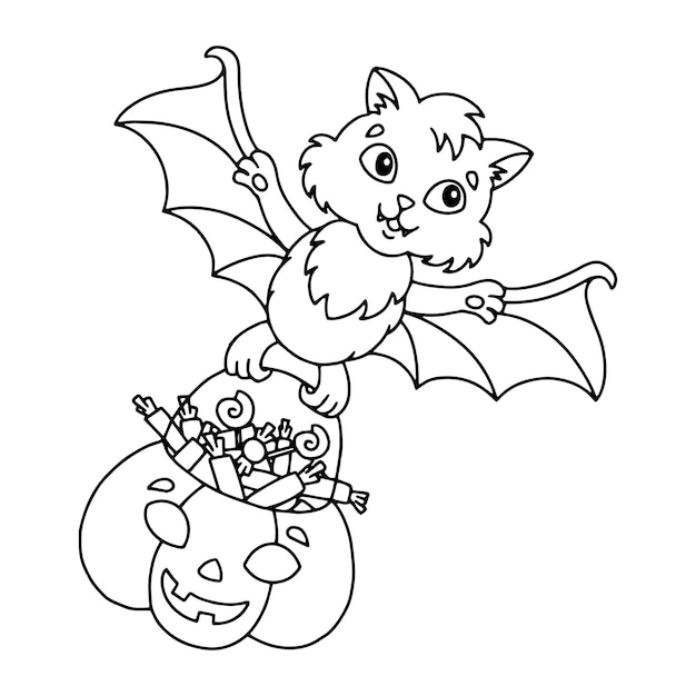 A cute bat carries a pumpkin basket with sweets Halloween theme Coloring book page for kids Cartoon style