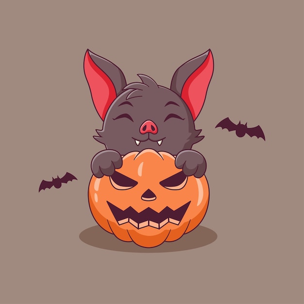 Cute Bat Cartoon Holding Pumpkin. Bat Mascot Cartoon Character