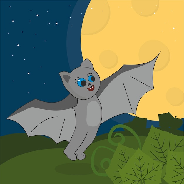 Cute bat flying on the background of the moon at night