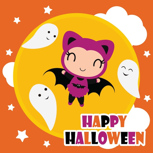 Ragazza di pipistrelli sveglia sull'illustrazione del fumetto di vettore della struttura della zucca per la progettazione della carta di halloween, la carta da parati e la maglietta del capretto