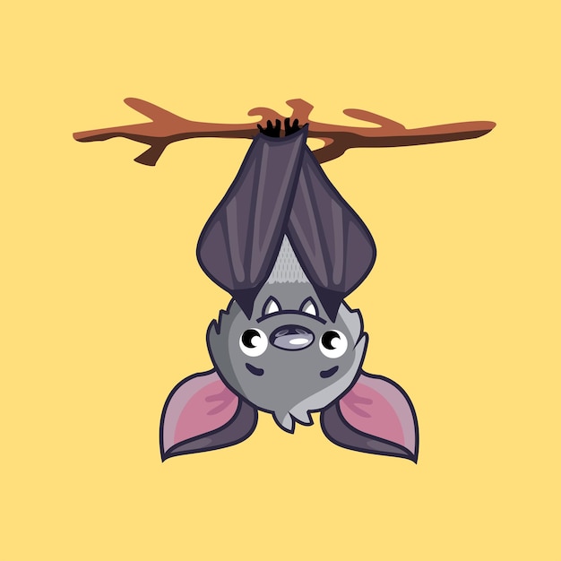 Cute bat hanging on a branch and smiling vector illustration