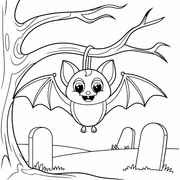 Cute Bat Hanging from a Tree in a Graveyard - Halloween Drawing