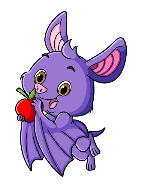 The cute bat is holding the apple for eat of illustration