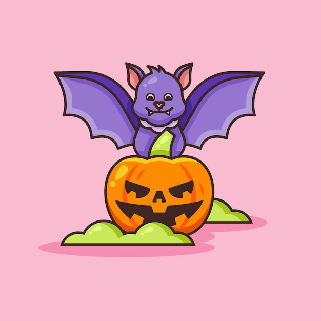 Vettore pipistrello carino con illustrazione di zucca di halloween.