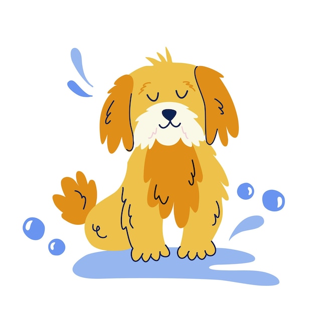 Вектор Милая купающаяся собака в стиле мультфильма изолированный вектор для наклейки баннер плакат концепция ухода за собакой
