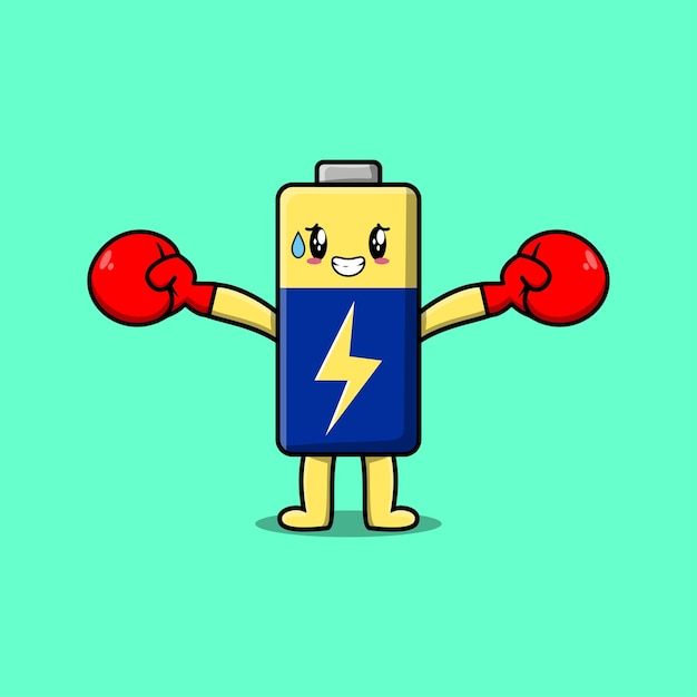 Vettore simpatico cartone animato della mascotte della batteria che fa sport con i guantoni da boxe e un design carino ed elegante