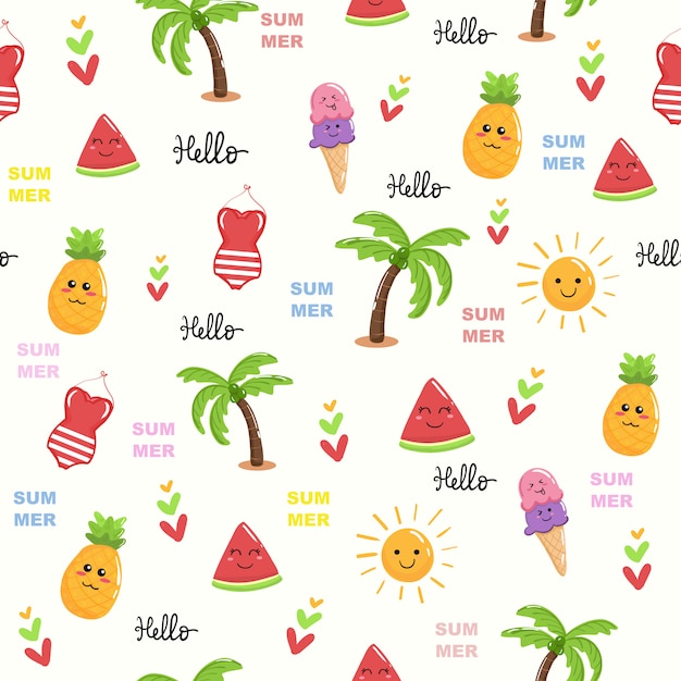 Cute beach theme summer kawaii seamless pattern