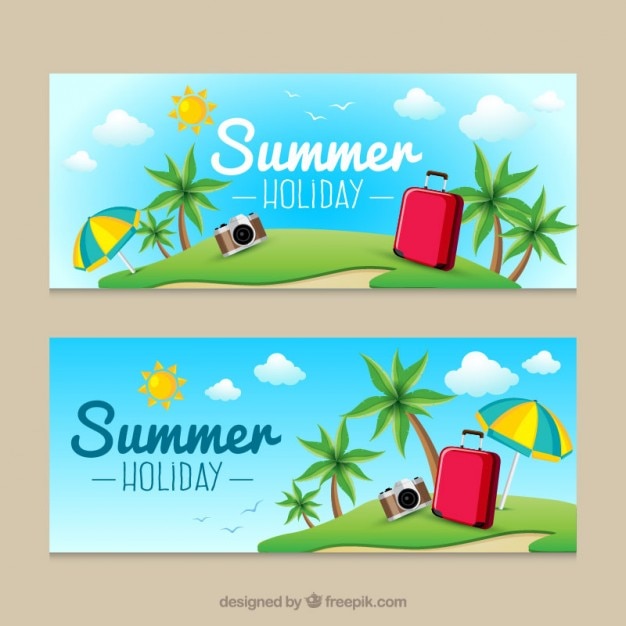Vector cute beach with luggage summer banners