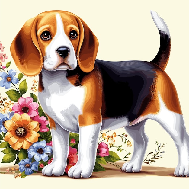 Cute Beagle dog amp flowers Vector Style White Background