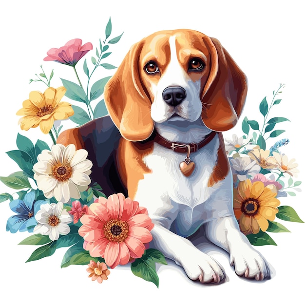 Cute Beagle dog amp flowers Vector Style White Background