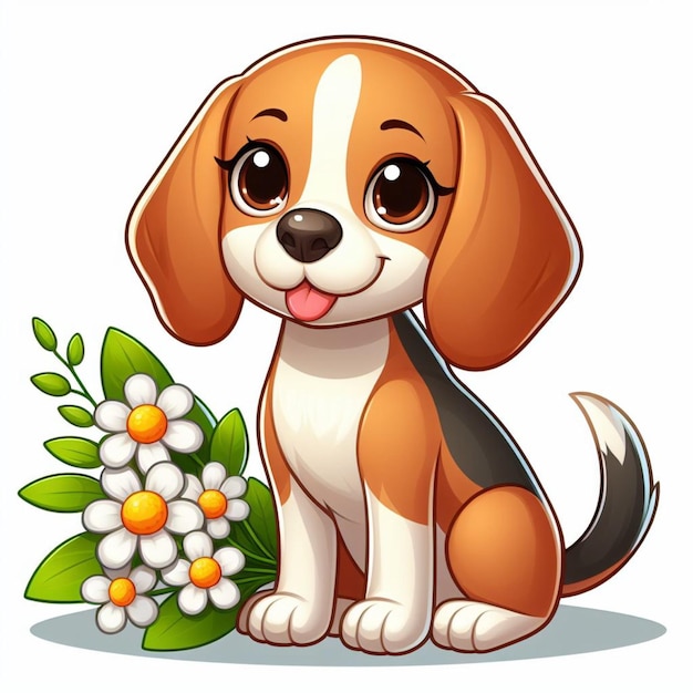 ベクトル 可愛いビーグル犬と花のベクトル 漫画のイラスト